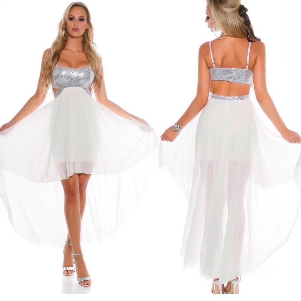 Sequin Maxi Dress White Chiffon Open Back Size M
